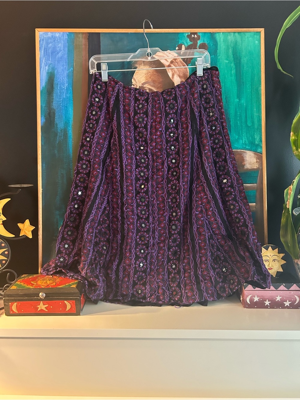 Guru India Purple Boho Cotton Midi Skirt Embroidered Mirror Festival Size L